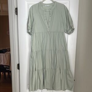 Sage Green Midi Dress with Ruffle Sleeves